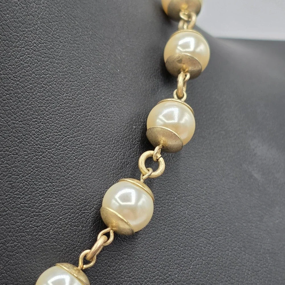 Anne Klein Gold Tone Faux Pearl Bead Cap Link Necklace with Lion Logo Charm